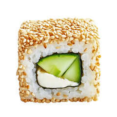 Vegetarian sushi roll with cucumber and cream cheese, coated in crunchy sesame seeds for a delightful texture and taste.
