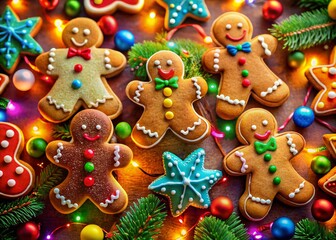 Obraz premium Festive Christmas Gingerbread Man Cookies Aerial View Birthday New Year Celebration