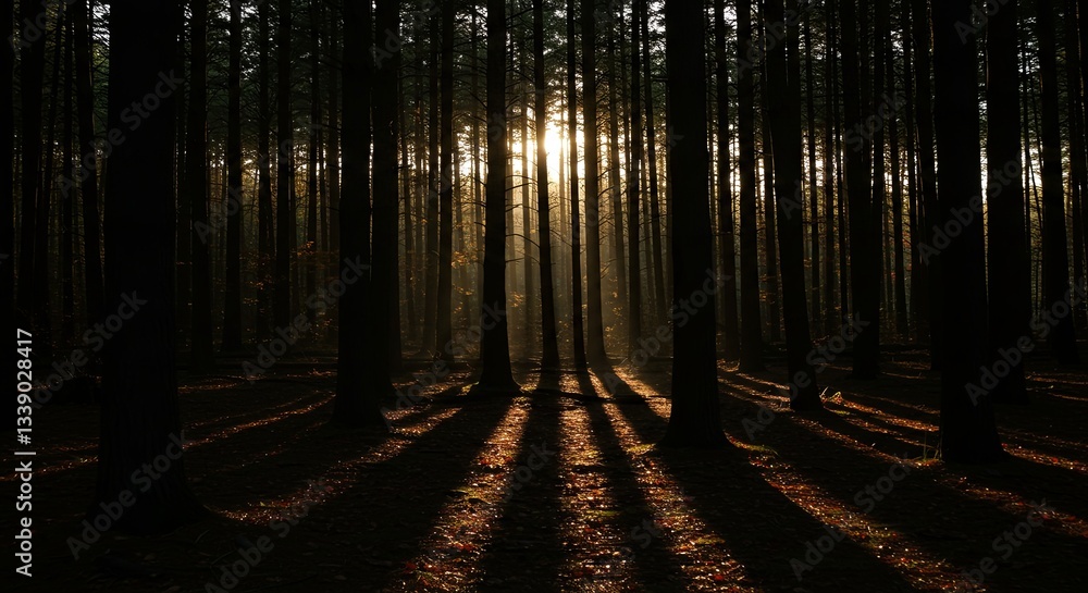 Poster a forest with trees casting shadows on the ground