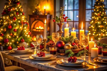 Festive Christmas Eve Dinner Table Setting: Elegant Candles, Ornaments & Gourmet Food