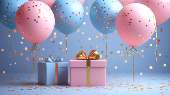 Invitation or banner template with pink and blue gift boxes on a background of holiday balloons. Child's gender announcements	