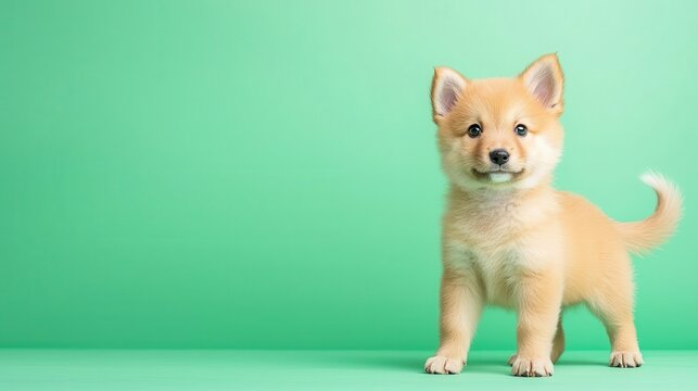 Realistic 1monthold Finnish Spitz puppy standing with a curled tail, foxlike appearance, professional green screen filming