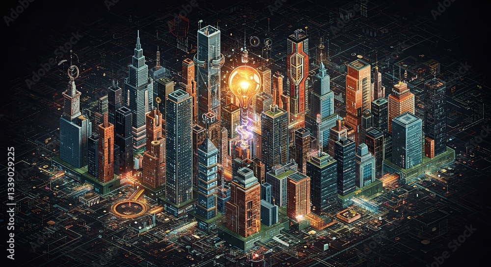 Poster a cityscape with a glowing yellow object in the center
