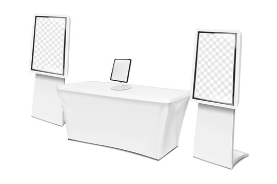 Exhibition set template. Tradeshow blank white stretch cover table for brand design, desktop digital tablet stand, interactive touch screen kiosk floor stands. Mockup. Trade show kit. Vector mock-up