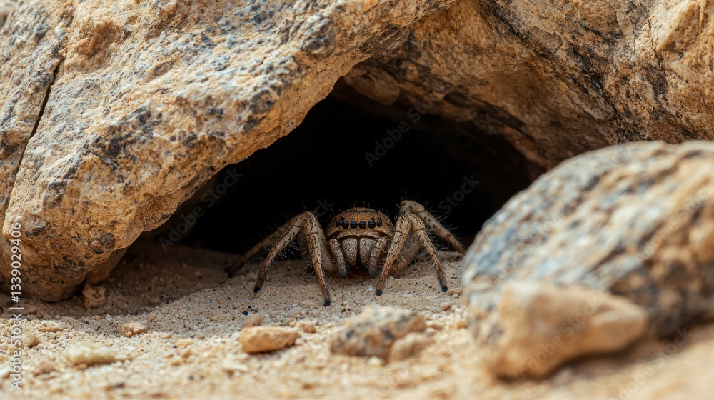 Poster a camel spider hiding under a rock in the desert, with its large size and distinctive appearance.