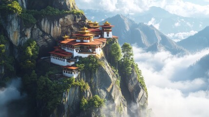 Isometric view of Bhutan Tiger Nest Monastery perched on a cliffside