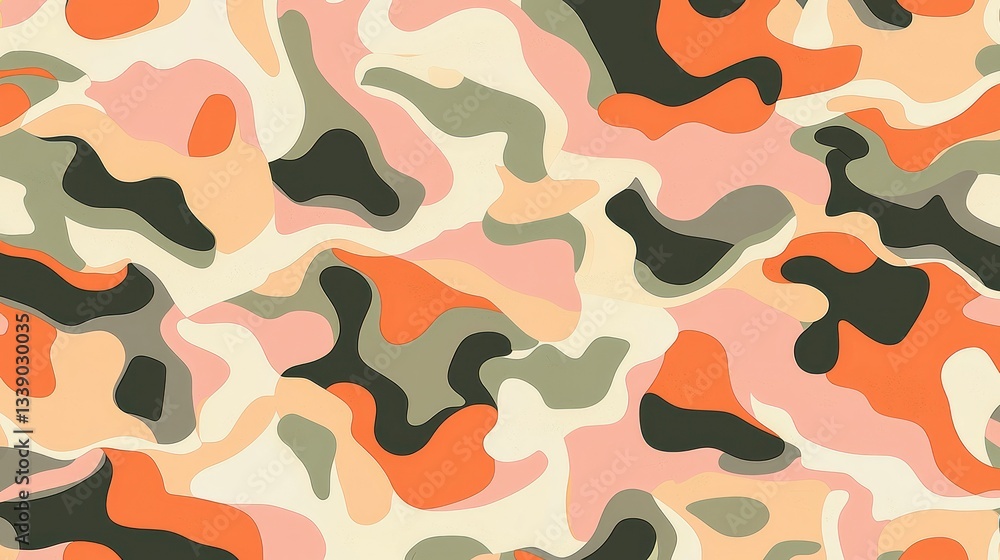 Poster an abstract camo pattern with organic shapes blending into a seamless design, ideal for textile or d
