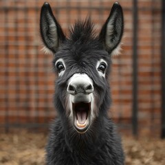 Fototapeta premium Playful donkey with expressive face standing in front of a rustic brick wall, showcasing lively personality