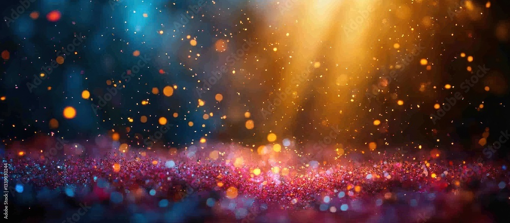 Poster sparkling glitter backdrop with vibrant bokeh and light rays.