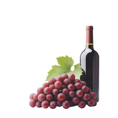 Wine bottle and red grapes with green leaves, isolated on white background.