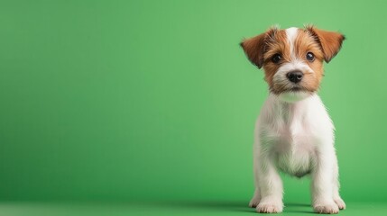 Realistic 1monthold Wire Fox Terrier puppy standing with wiry fur, energetic and playful, highresolution film capture against a green screen