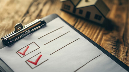 Home inspection empty checklist on clipboard with interior in the background.