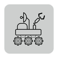 Detailed line icon of robotic rover equipped with wheels and arms for exploration. Designed for missions on other planets to gather data and samples