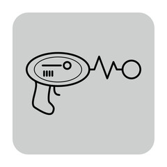 Icon of futuristic laser gun with trigger and energy beam illustrated in minimalistic line style. Sci-fi concept