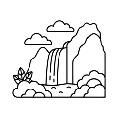 Majestic Waterfall Landscape Line Art, Nature Scene, Mountainous Region