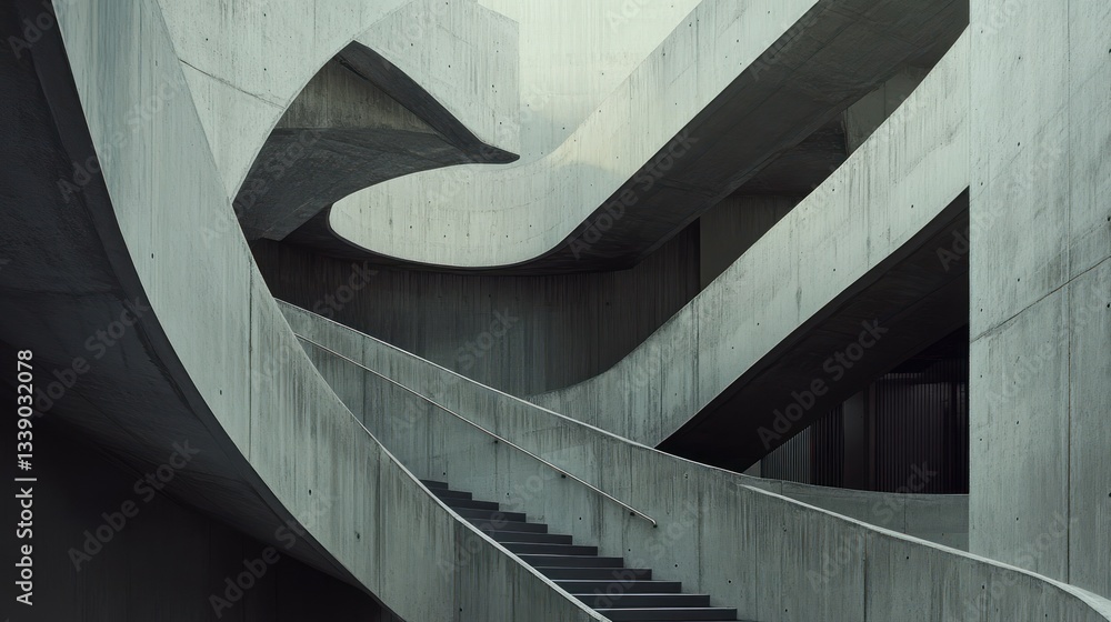 Poster Abstract concrete architecture with curving staircases and walkways.
