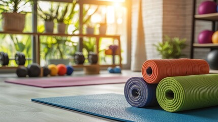 Workout space with a variety of exercise tools and motivational posters.