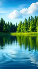 Obraz premium Tranquil Reflections on Serene Lake Lush Forest Surroundings Nature Photography Peaceful Landscape Clear Blue Sky