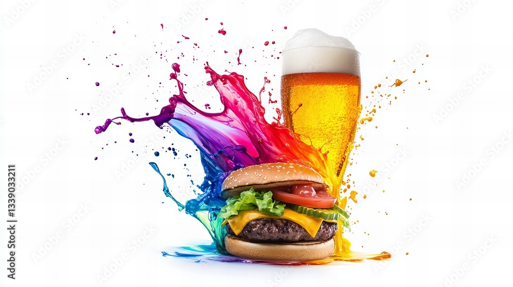 Poster a burger and beer combination are displayed with a dynamic paint splash effect against a bright whit