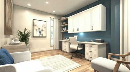 Transitional contemporary style assisted living nurse station in white with medium wood floors and a bright blue accent paint behind the desk.