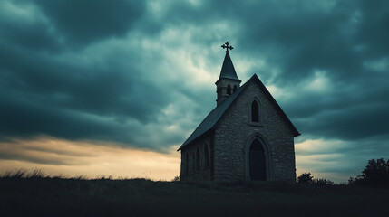 Fototapeta premium Old stone church silhouette against dramatic cloudy sky