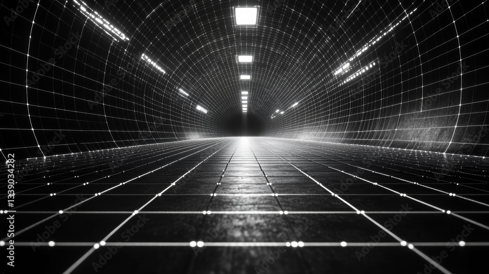 Poster abstract monochrome tunnel with grid lines and lights.