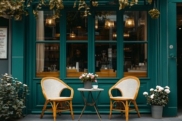Parisian Cafe Exterior, Teal Building, Wicker Chairs