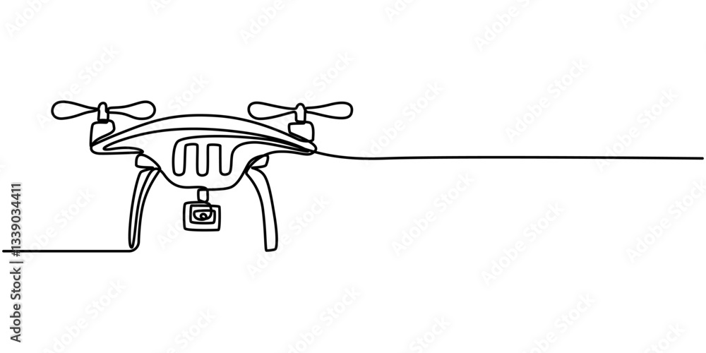 Poster vector continuous one single line drawing icon of quadcopter camera drone in silhouette on a white b