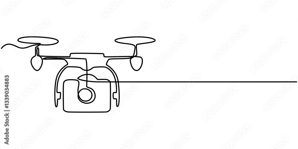 Poster vector continuous one single line drawing icon of quadcopter camera drone in silhouette on a white b