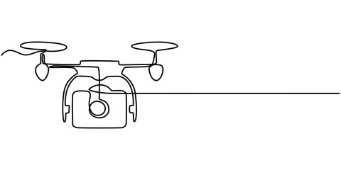 Vector continuous one single line drawing icon of quadcopter camera drone in silhouette on a white background. Linear stylized, Continuous one line drawing of flying drone. One line drawing.
