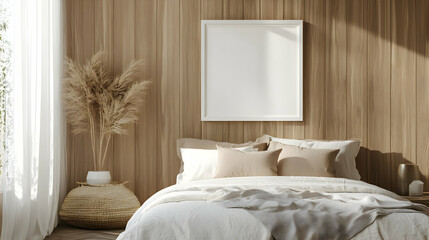 Interior design visualization showcasing cozy bedroom with natural light and neutral tones decor