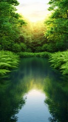 Obraz premium Serene Pond Surrounded by Lush Greenery Tranquil Nature Scene Early Morning Light Reflective Water Peaceful Environment