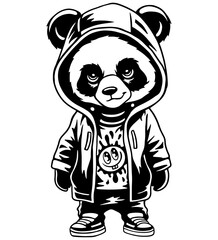 Cool panda in hoodie and sneakers illustration. Black and white urban street style art, perfect for clipart, silhouette, cut files, stickers, prints.