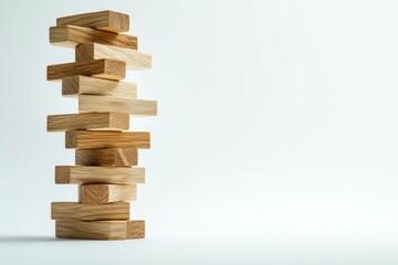 Wooden block tower with natural wooden texture, symbolizing stability and balance, ideal for themes of construction, education, and teamwork in a light minimalistic setting