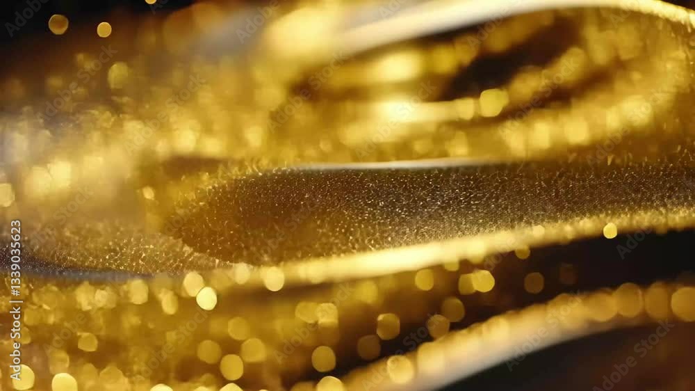 Poster Futuristic wave object featuring glitter particles creates an immersive environment with shimmering details, Futuristic video with wave object and glitter particles in slow motion