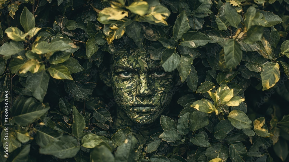 Poster a concept image of a person using camouflage to blend into different environments, like forests, des