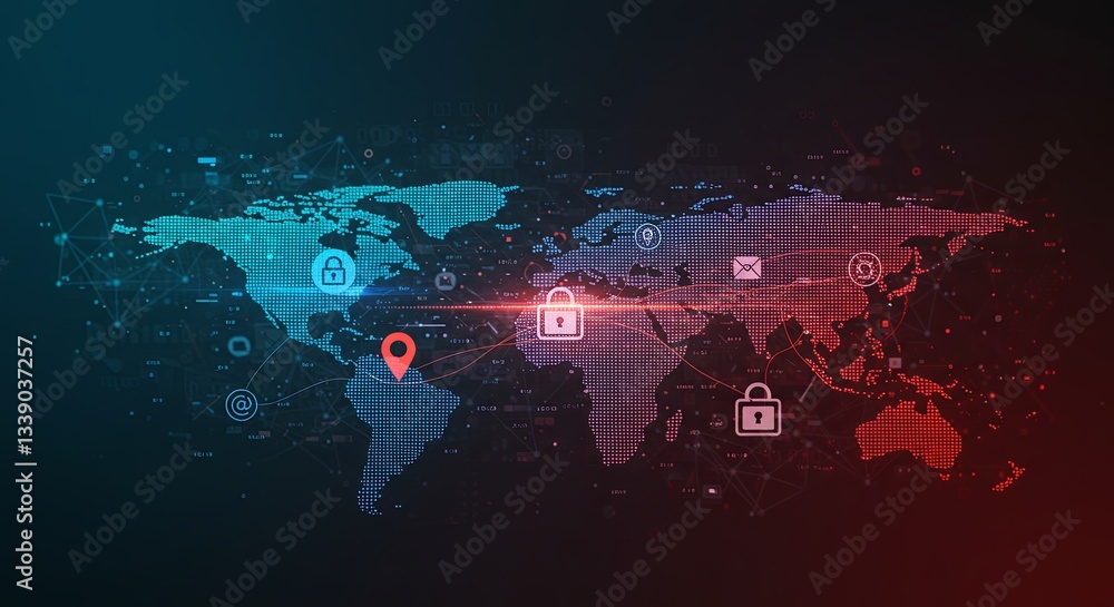 Poster A colorful image of a world map with many security symbols on it