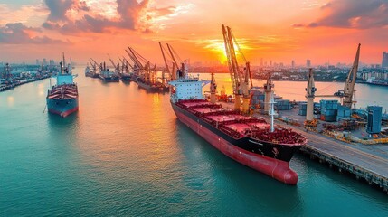 Banner for commercial fishing services at a busy dock with ships.