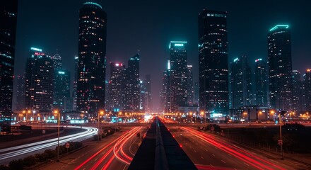 A city at night with many tall buildings and a busy highway