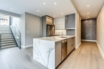 Modern kitchen island, marble countertop, hardwood floor