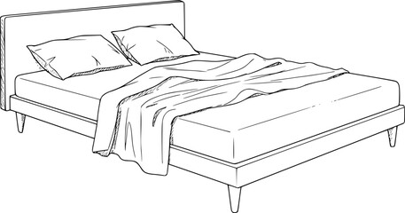 Minimalist bed sketch, black and white line drawing, modern furniture illustration, simple bedroom decor, clean linework, unmade bed with rumpled sheets, two pillows, wooden headboard, tapered legs 