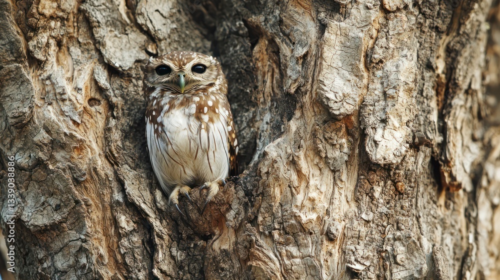 Poster an owl perched on a tree branch, its feathers perfectly camouflaged to blend with the bark of the tr
