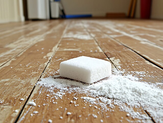 Closeup of a white cleaning block and powder on distressed wooden flooring.  A powerful image depicting cleaning, restoration, or renewal.