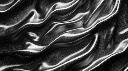 Fototapeta premium Abstract image of black fabric with sparkling silver glitter, flowing and wavy texture. Dark background with shimmering light effects