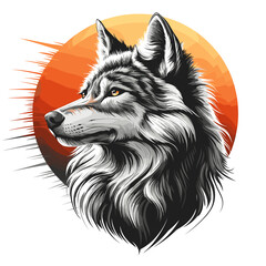 Majestic wolf portrait against a vibrant sunset, showcasing its fierce gaze and lush fur