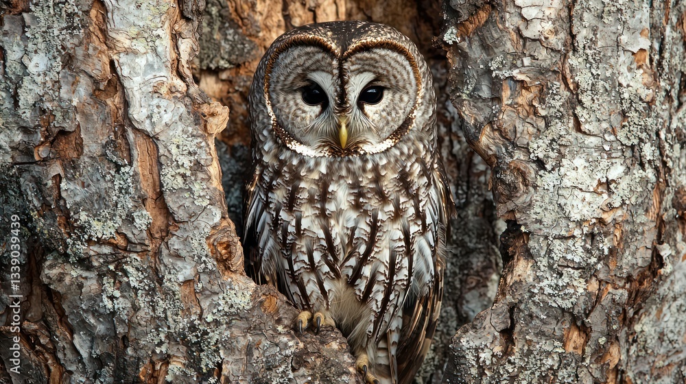 Poster an owl perched on a tree branch, its feathers perfectly camouflaged to blend with the bark of the tr