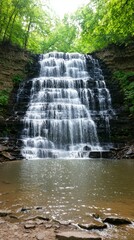 Obraz premium Serene Cascading Waterfall Adventure Lus National Park Scenic Nature Photography Tranquil Forest Setting Ground View Natural Beauty