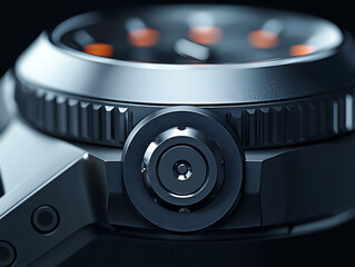Closeup of a luxury mens watch, showcasing intricate details and a sleek, dark design.  The image emphasizes precision engineering and highend craftsmanship.