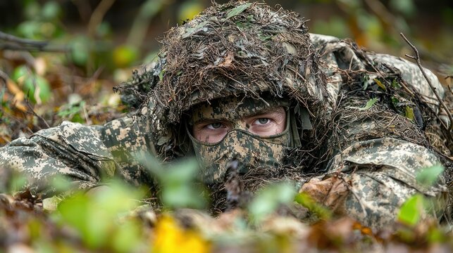 A soldier in full camouflage gear, lying prone on the ground, preparing for an operation in a military environment.