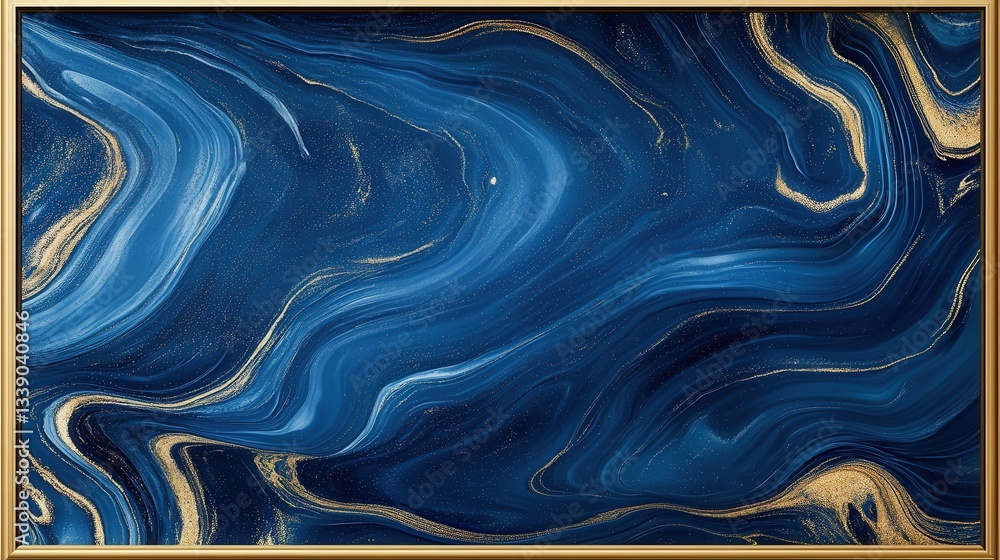 Poster a swirling abstract design featuring deep blue tones and golden accents, creating a fluid and elegan